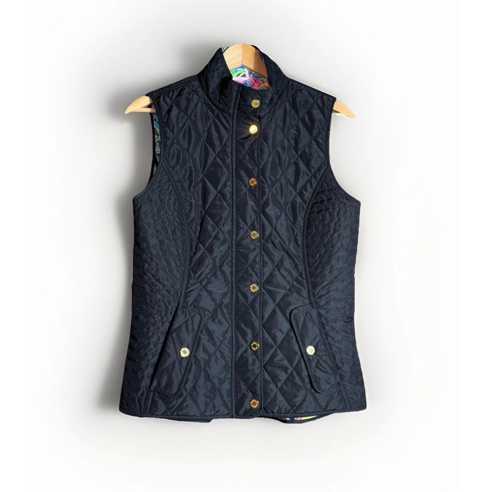 Lilly Pulitzer Black Quilted Vest Gold Buttons Colorful Lining Size Small Hi Low